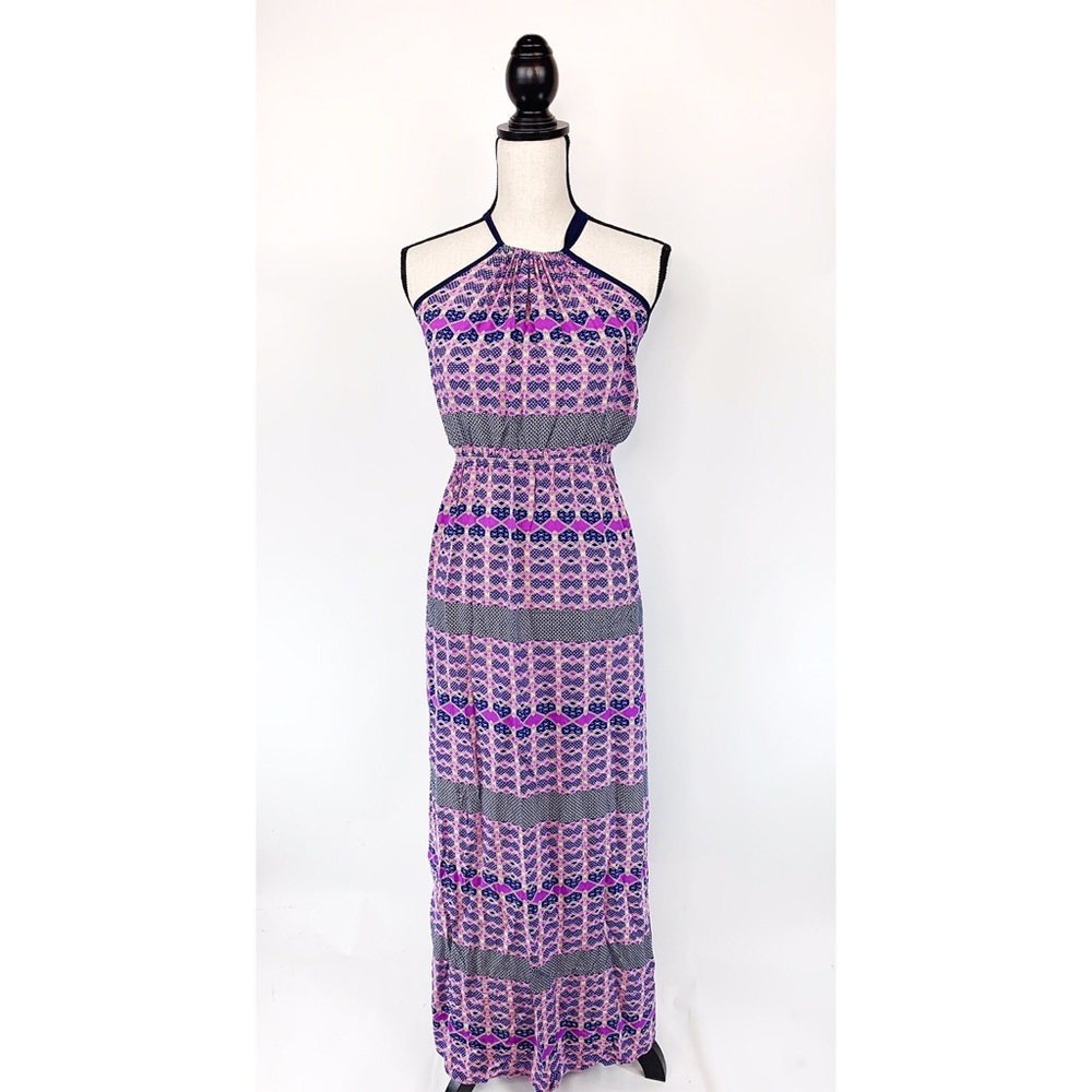 EZRA Anthro Maxi Dress Tie Neck Purple Aztec Sz L